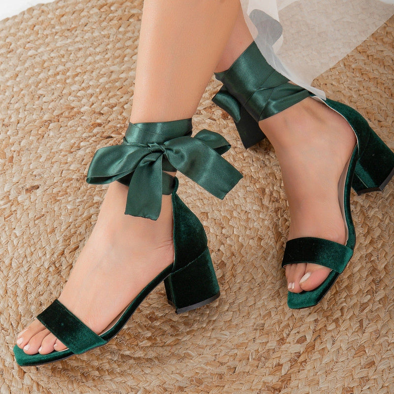 Forever and Always Shoes Hera - Green Velvet Low Heel Sandals with Ribbon