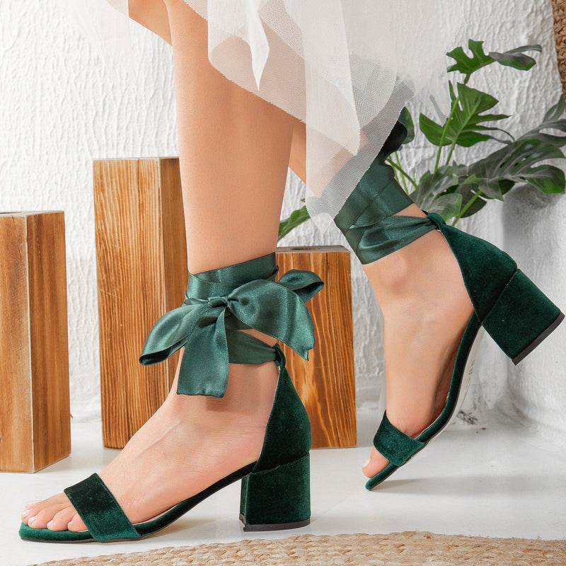 Forever and Always Shoes Hera - Green Velvet Low Heel Sandals with Ribbon