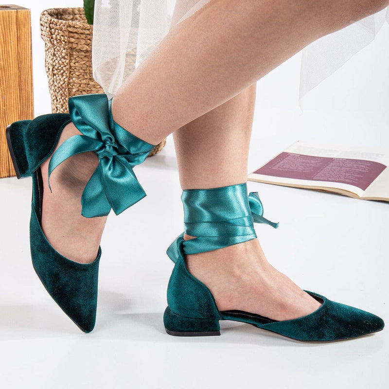 Forever and Always Shoes Madeline - Emerald Green Velvet Flats with Ribbon