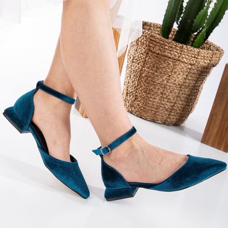 Forever and Always Shoes Madeline - Teal Blue Velvet Flats with Ribbon