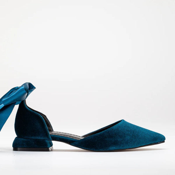 Forever and Always Shoes Madeline - Teal Blue Velvet Flats with Ribbon