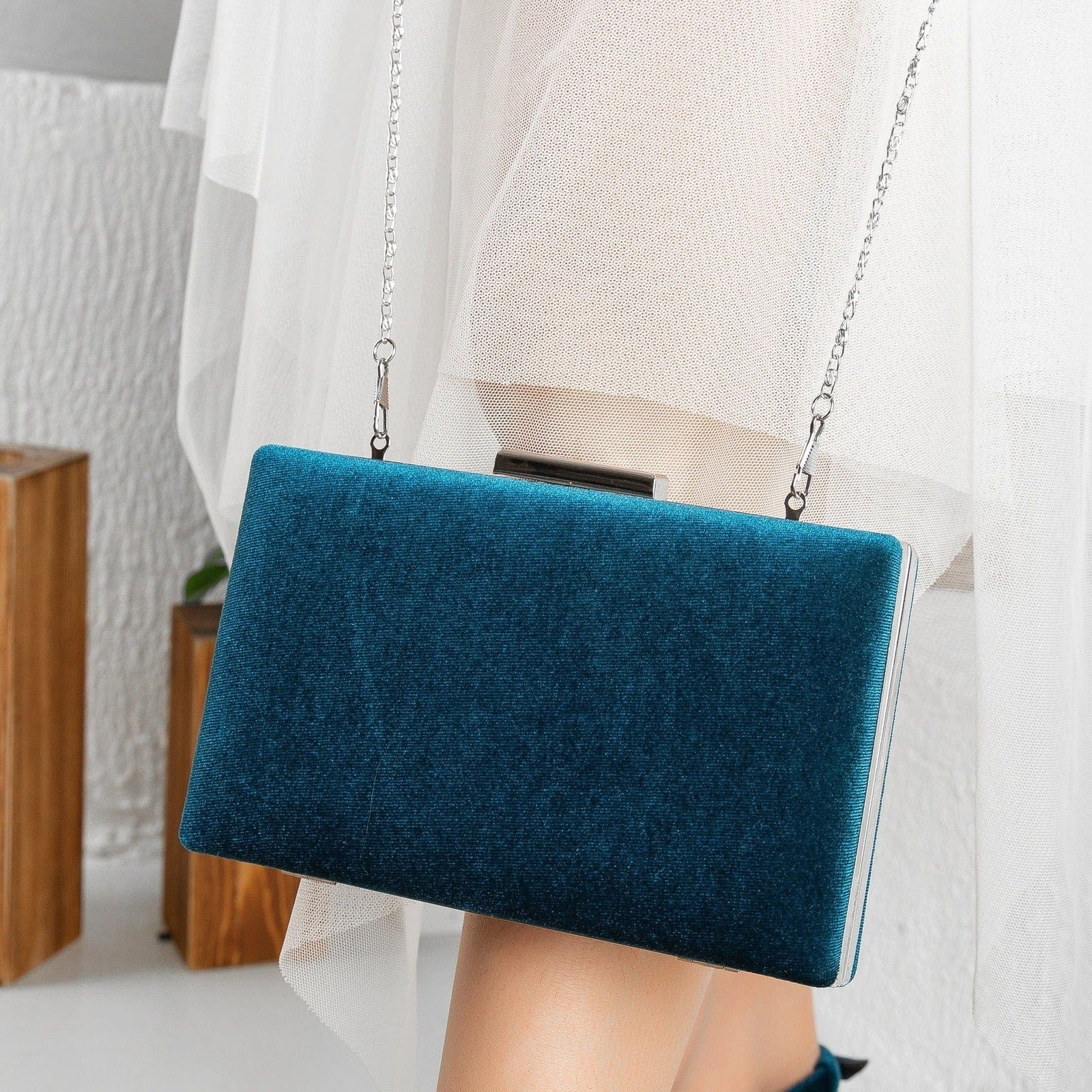 Forever and Always Shoes Clara Vegan Velvet Clutch Teal Blue