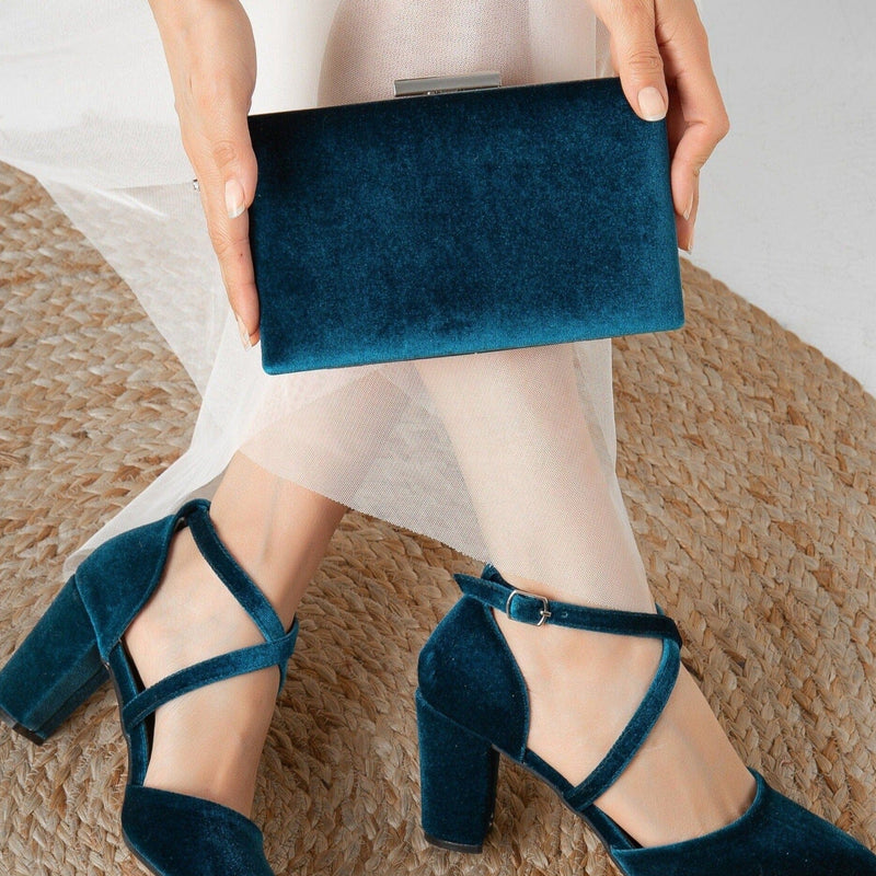 Forever and Always Shoes Clara - Teal Blue Velvet Clutch Teal Blue