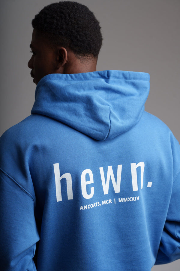 hewn. Mens Organic Cotton Signature Oversized Hoodie in Morpho Blue