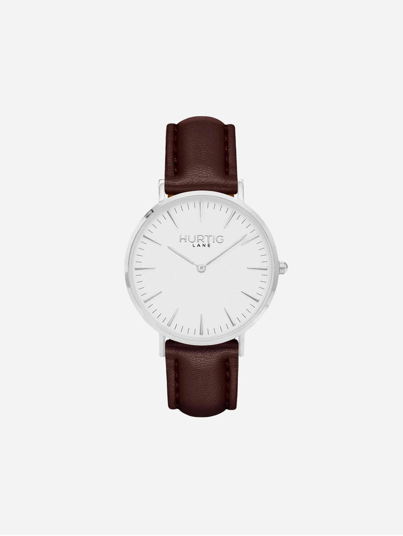 Hurtig Lane Mykonos Vegan Leather Watch Silver, White & Chestnut Chestnut