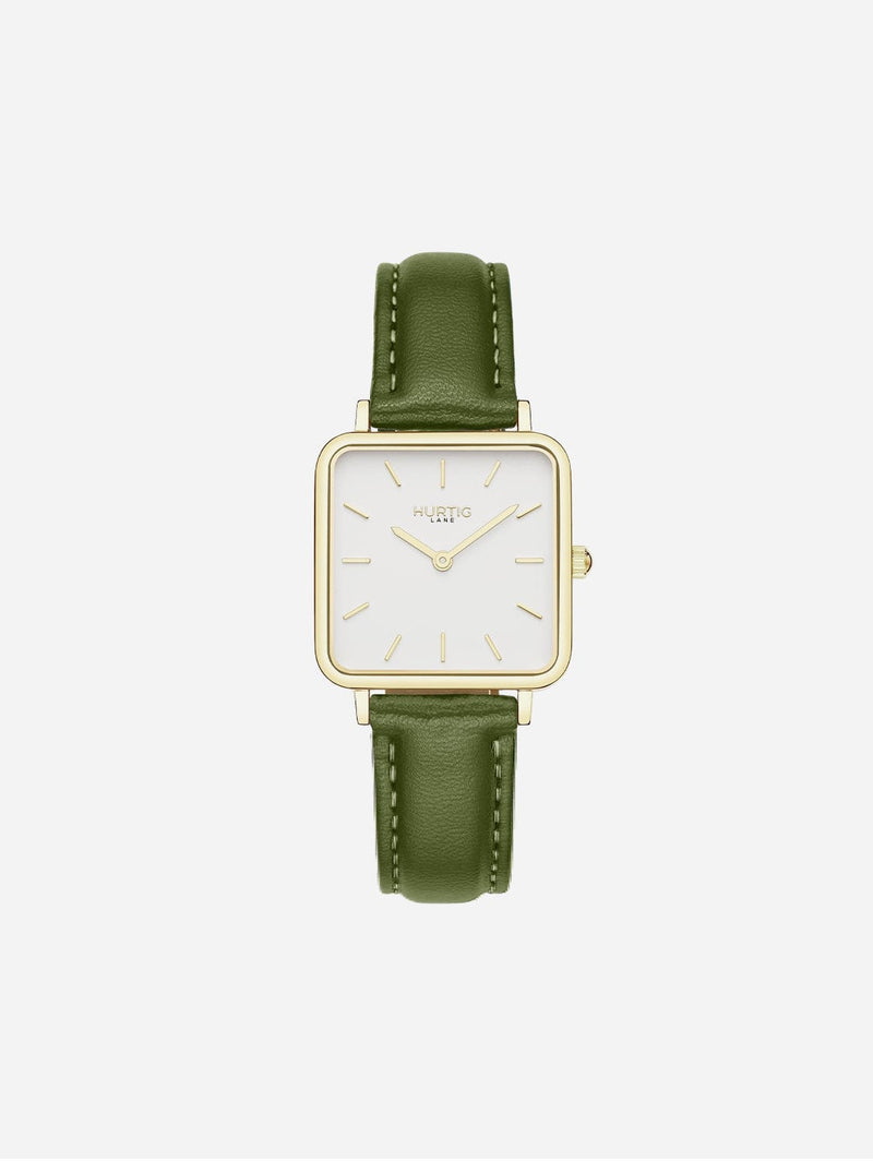 Hurtig Lane Neliö Square Vegan Leather Watch Gold, White & Green Green