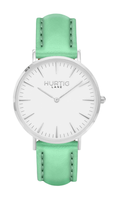 Hurtig Lane Mykonos Vegan Leather Watch Silver, White & Chestnut Mint