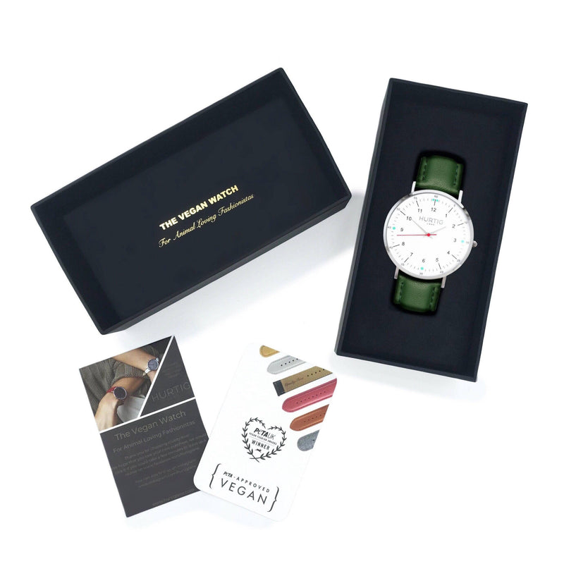 Hurtig Lane Moderno Vegan Leather Watch Silver, White & Green