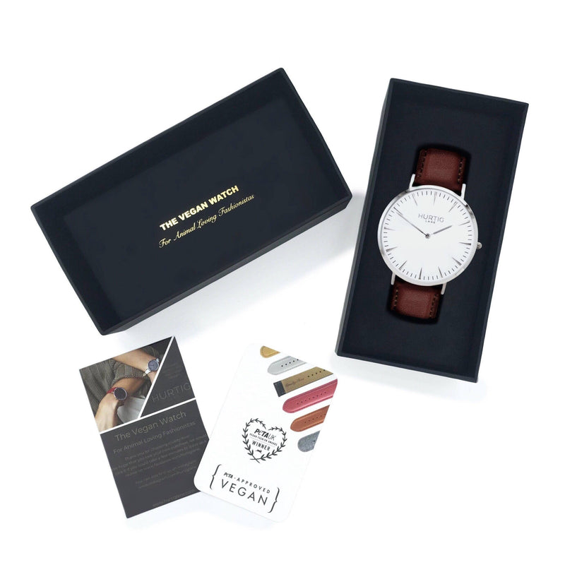 Hurtig Lane Mykonos Vegan Leather Watch Silver, White & Chestnut