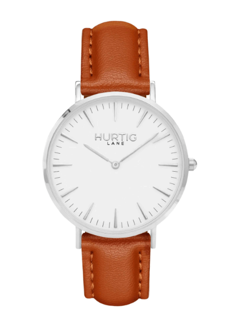 Hurtig Lane Mykonos Vegan Leather Watch Silver, White & Chestnut