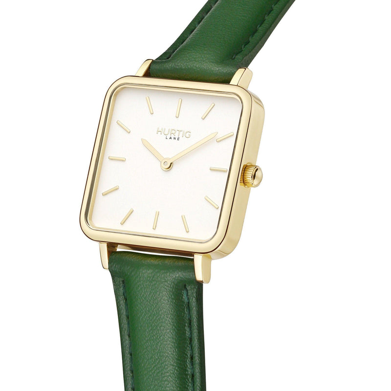 Hurtig Lane Neliö Square Vegan Leather Watch Gold, White & Green