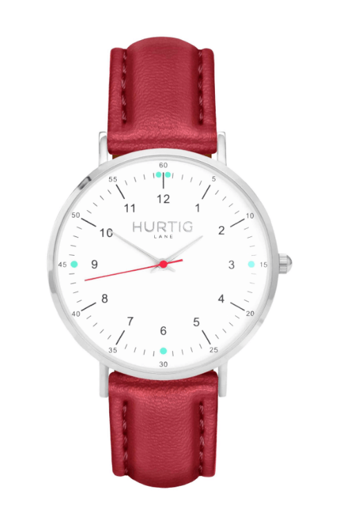 Hurtig Lane Moderno Vegan Leather Watch Silver, White & Green Red