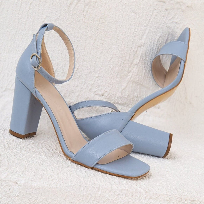 Forever and Always Shoes Jess Open Toe Block Vegan Heels | Light Blue