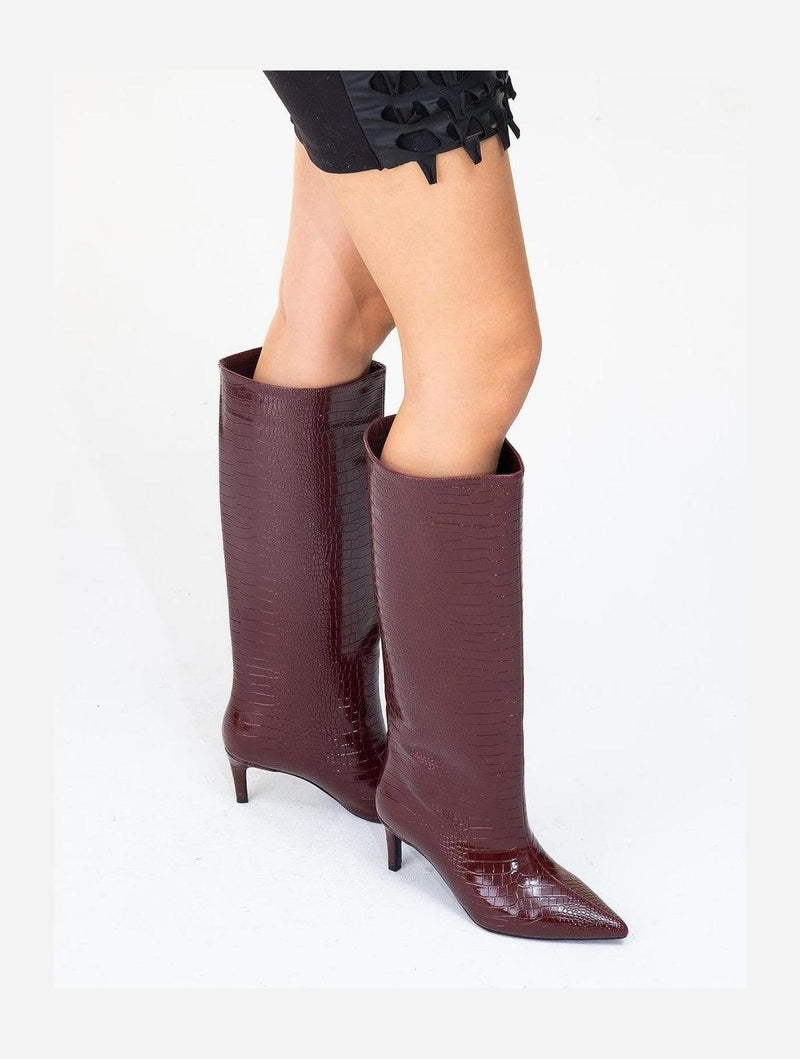 Prologue Shoes Cassandra Burgundy Pattern High‑Heel Boot (Women)