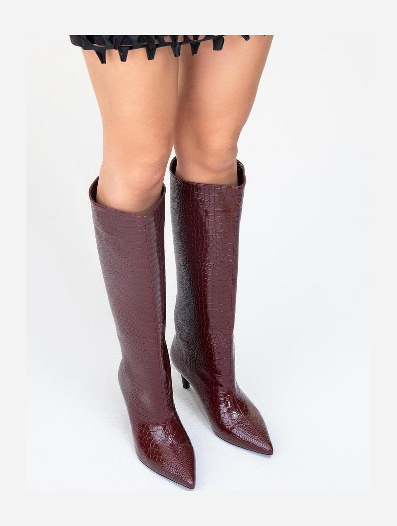 Prologue Shoes Cassandra Burgundy Pattern High‑Heel Boot (Women)