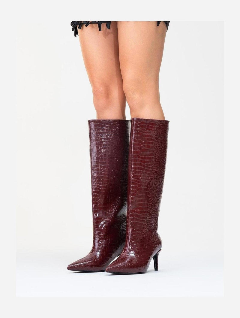 Prologue Shoes Cassandra Burgundy Pattern High‑Heel Boot (Women)