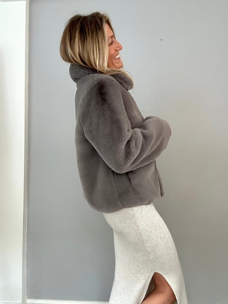 Issy London Christie Luxe Faux Fur Collar Jacket Dark Grey