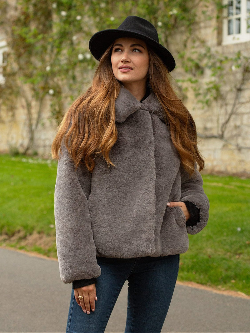 Issy London Christie Luxe Recycled Vegan Fur Collar Jacket | Dark Grey