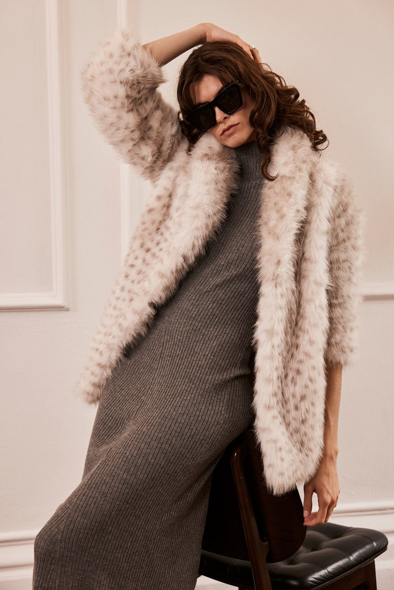 Issy London Freya Vegan Faux Fur Coat | Snow Leopard Grey