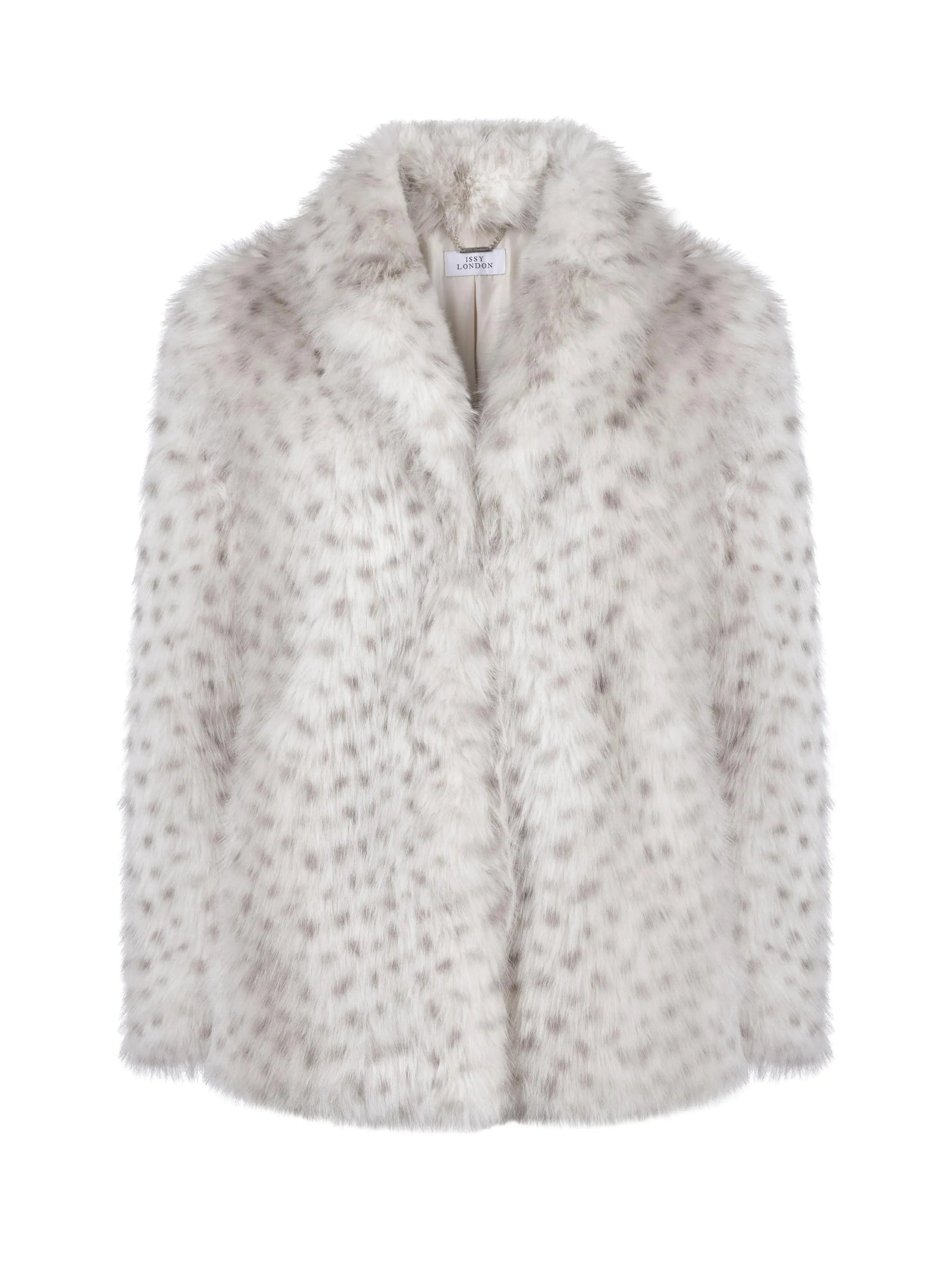 Issy London Freya Vegan Faux Fur Coat Snow Leopard Grey