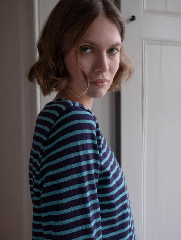 Jonie Women's Organic Cotton Jersey Striped T-Shirt | Navy & Retro Blue Stripe