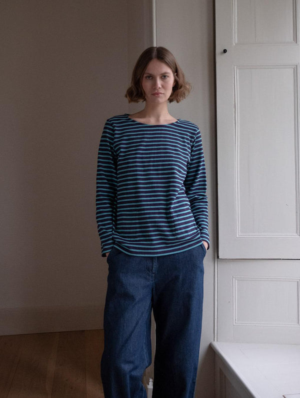 Jonie Women's Organic Cotton Jersey Striped T-Shirt | Navy & Retro Blue Stripe