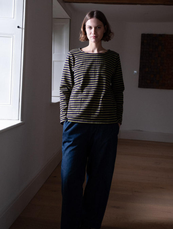 Sailor Women's Organic Cotton Jersey Striped T-Shirt | Navy & Chartreuse Stripe