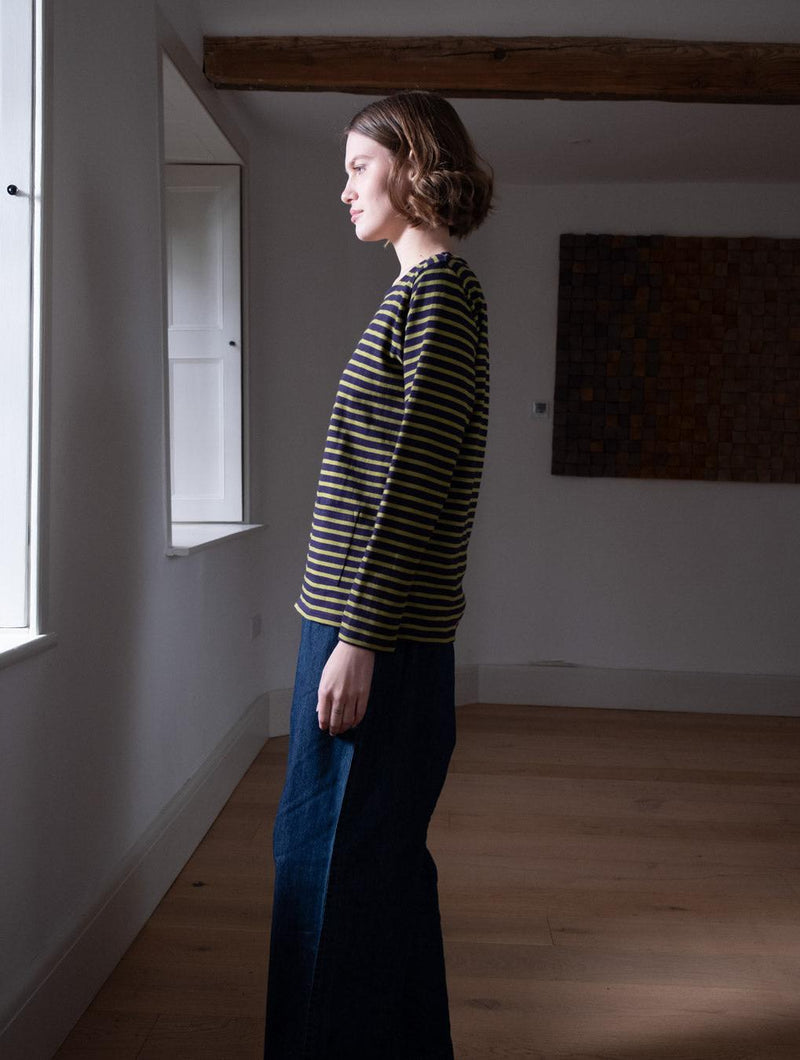 Sailor Women's Organic Cotton Jersey Striped T-Shirt | Navy & Chartreuse Stripe