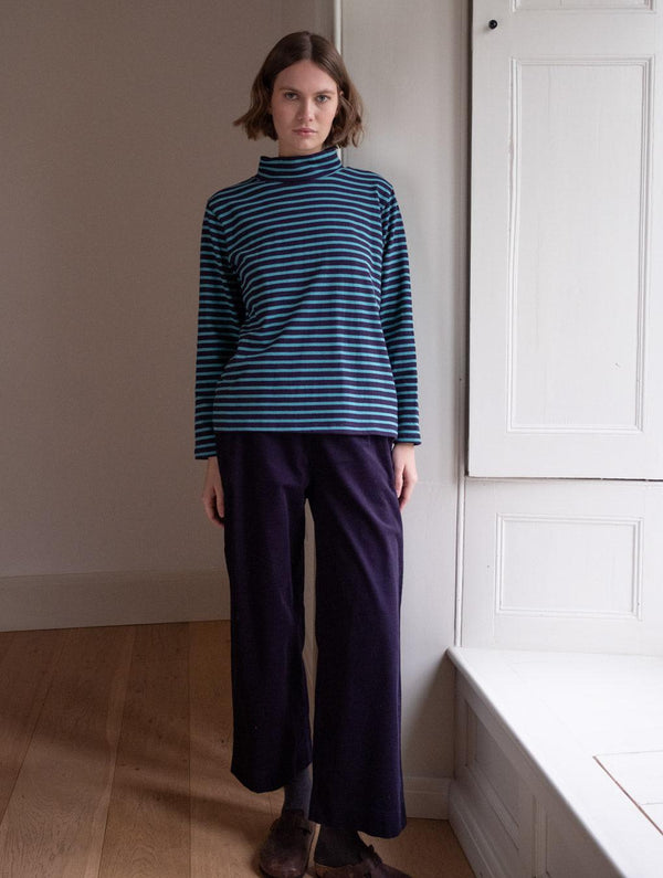 Jonie Women's Organic Cotton Jersey Striped Rollneck | Navy & Retro Blue Stripe