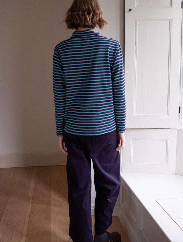 Jonie Women's Organic Cotton Jersey Striped Rollneck | Navy & Retro Blue Stripe