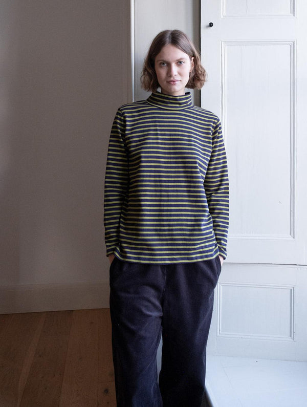 Jonie Women's Organic Cotton Jersey Striped Rollneck | Navy & Chartreuse Stripe