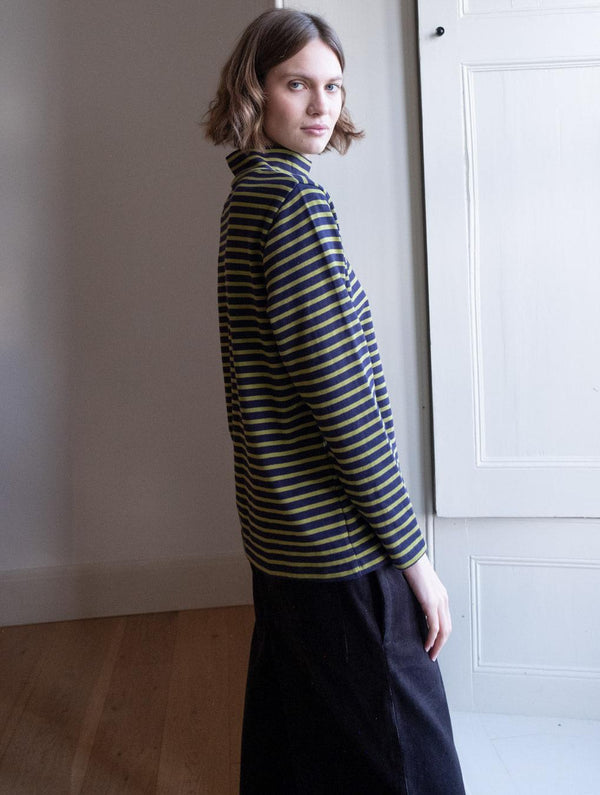 Jonie Women's Organic Cotton Jersey Striped Rollneck | Navy & Chartreuse Stripe