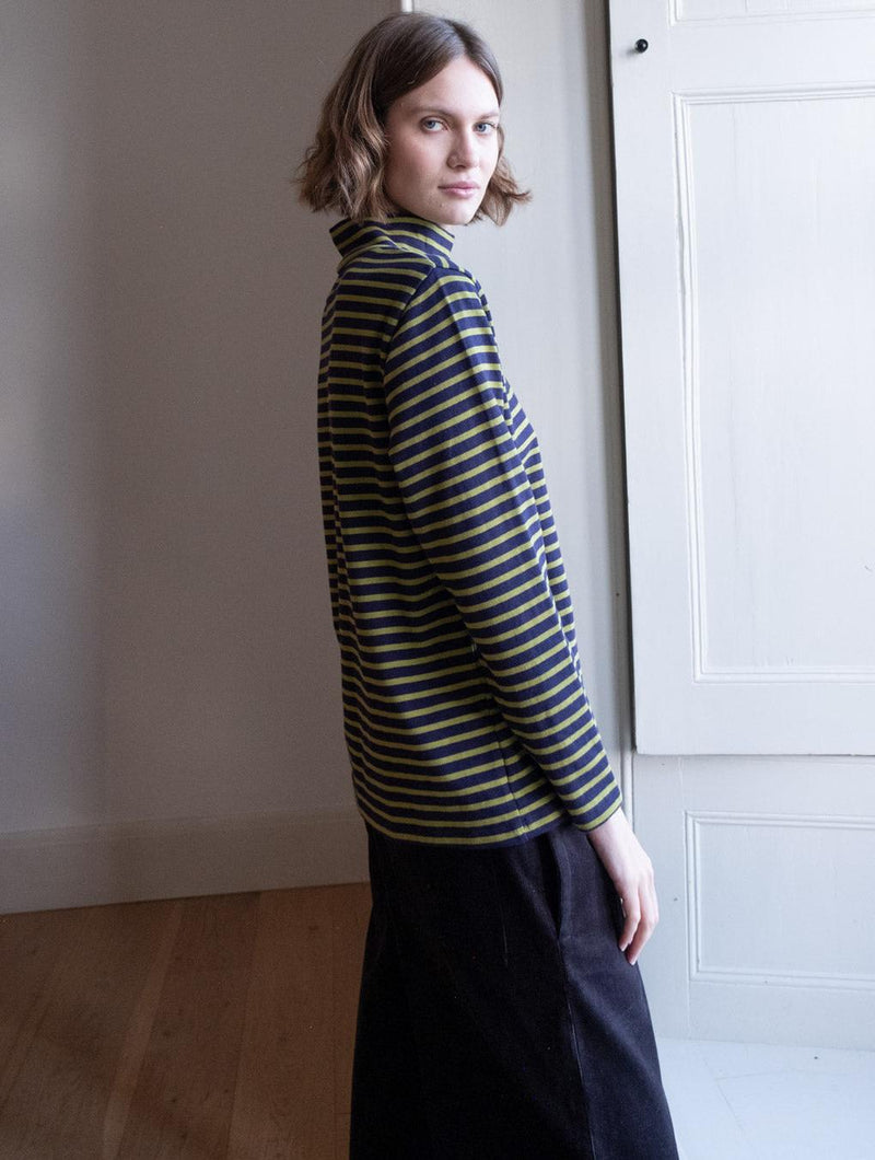 Jonie Women's Organic Cotton Jersey Striped Rollneck | Navy & Chartreuse Stripe