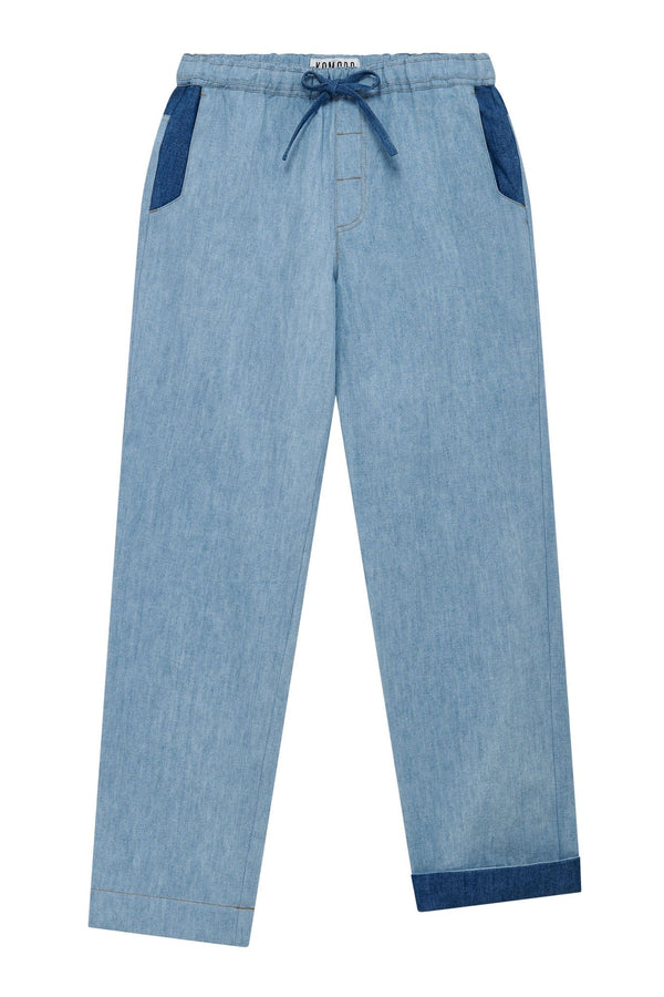 KOMODO JOSHUA - Linen Trouser Mid Patchwork Blue
