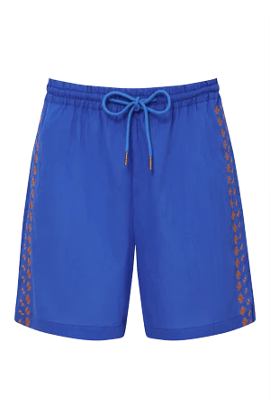 KOMODO LEAH Sapphire Blue Bali Fans Embroidery Shorts Organic Cotton Voile