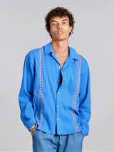 Immaculate Vegan - KOMODO NILE - Organic Cotton Shirt Bali Fans Embroidery Sapphire Blue