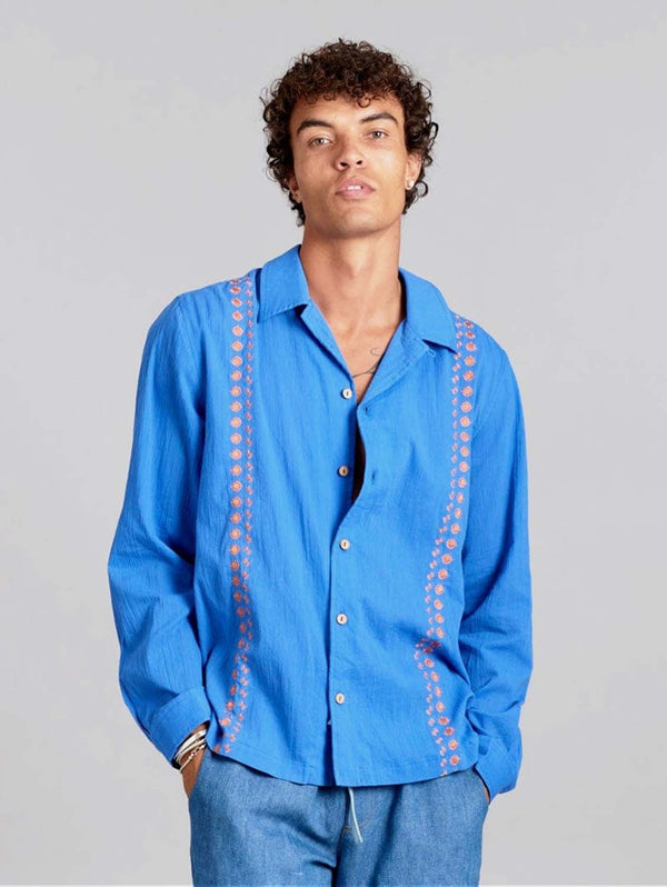 KOMODO NILE - Organic Cotton Shirt Bali Fans Embroidery Sapphire Blue
