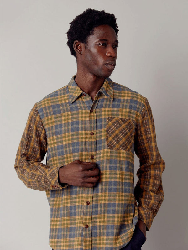 KOMODO Axel Organic Cotton Patchwork Check Shirt | Yellow & Black Small