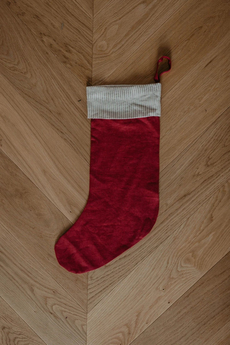 Laume Linen Striped Cuff Linen Christmas Stocking | Multiple Colours Berry Red