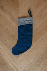 Immaculate Vegan - Laume Linen Checks & Stripes Linen Christmas Stocking | Multiple Colours Deep Blue