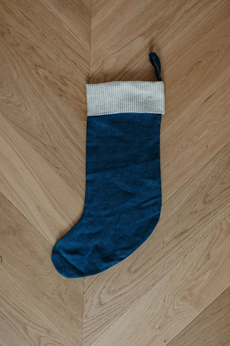 Laume Linen Striped Cuff Linen Christmas Stocking | Multiple Colours Deep Blue