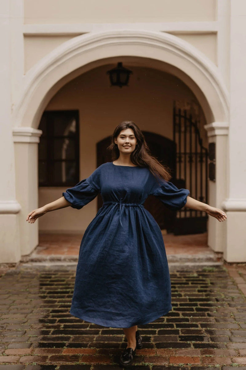 Laume Linen Rugile Women's Linen Puff Sleeve Dress | Multiple Colours Deep Blue / XS / With buttons (perfect for breastfeeding :)