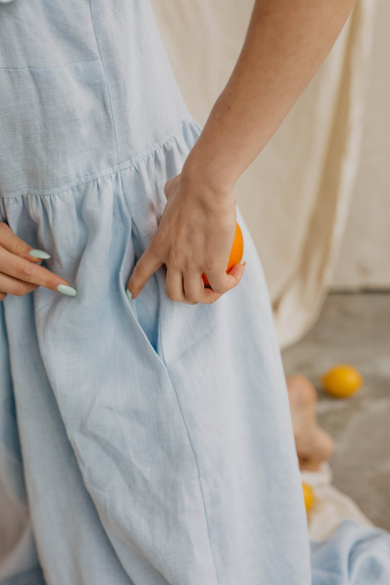 Ona Women's Linen Ruffle Dress | Sky Blue Immaculate Vegan Ona Women's Linen Ruffle Dress | Sky Blue Immaculate Vegan