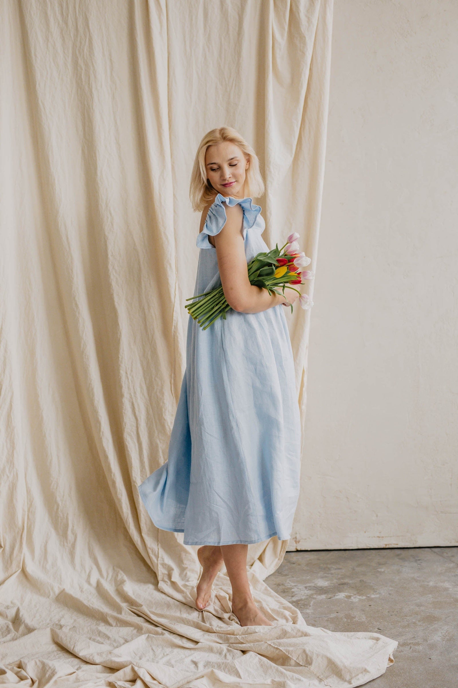 Ona Women's Linen Ruffle Dress | Sky Blue Immaculate Vegan Ona Women's Linen Ruffle Dress | Sky Blue Immaculate Vegan