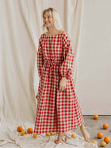 Immaculate Vegan - Laume Linen Rugile Women's Linen Puff Sleeve Dress | Multiple Colours Red Checks / XS / With buttons (perfect for breastfeeding)