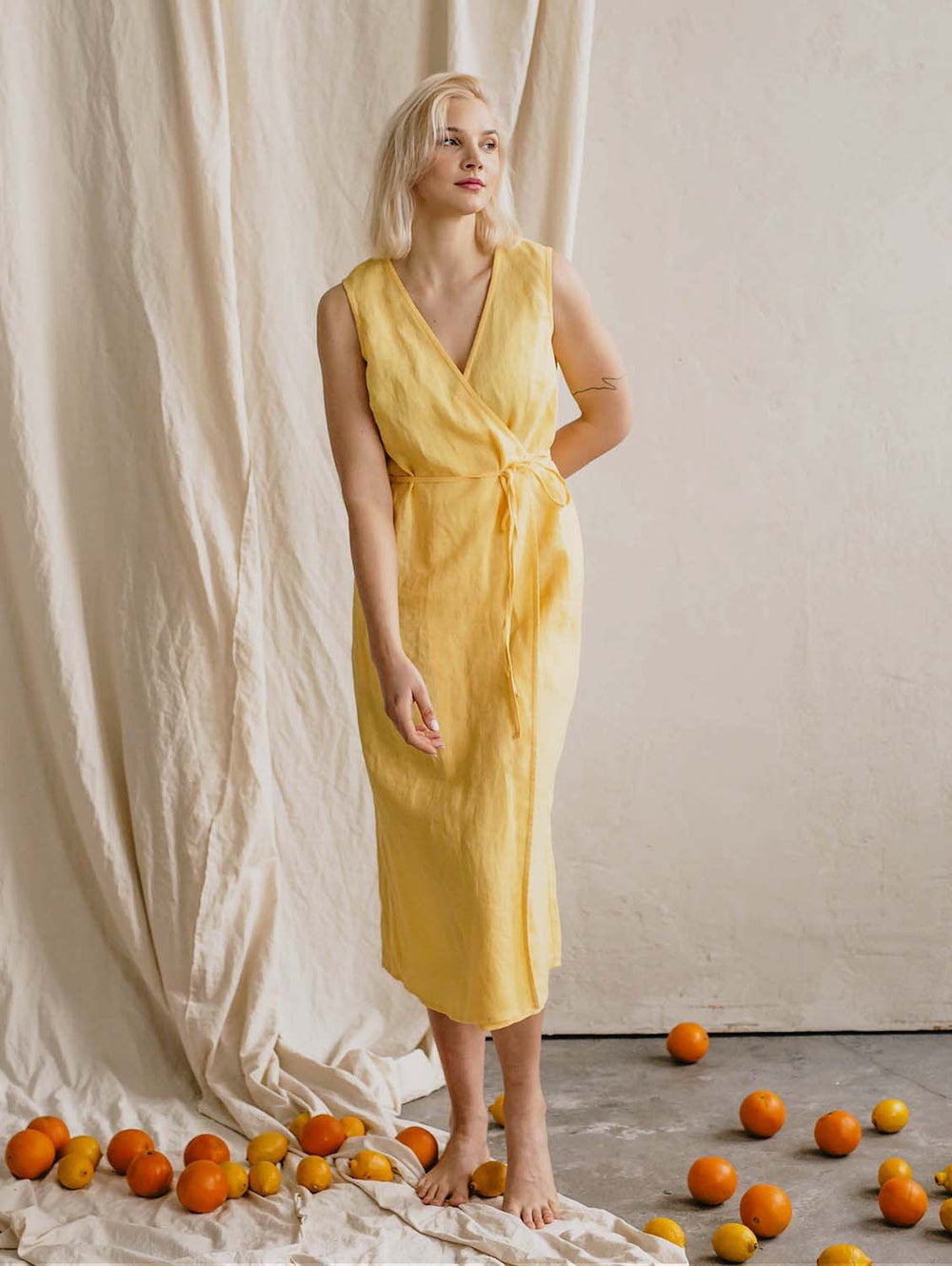 Yellow linen wrap dress clearance