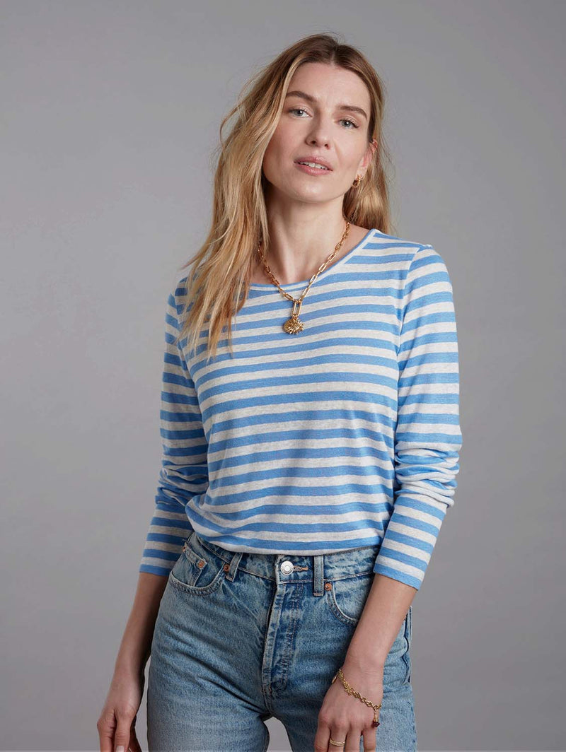 Lavender Hill Clothing Long Sleeve Striped Linen T-shirt | Multiple Colours Light Blue / UK 8