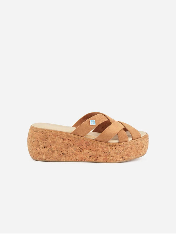 Lazuli My Strips Vegan Suede & Cork Wedge Sandals | Camel Camel / UK8 / EU40 / US10