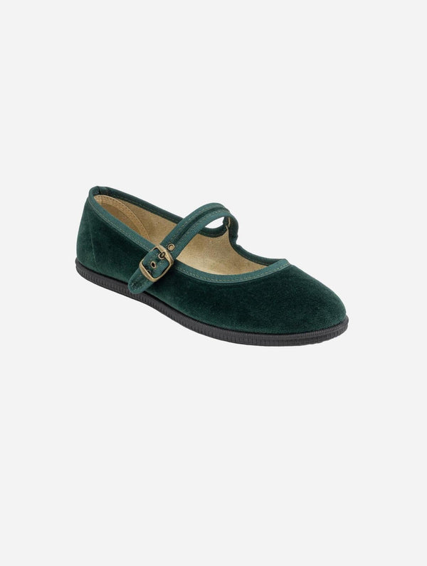 Vegan Mary Jane Organic Cotton Velvet Shoes | Bottle Green