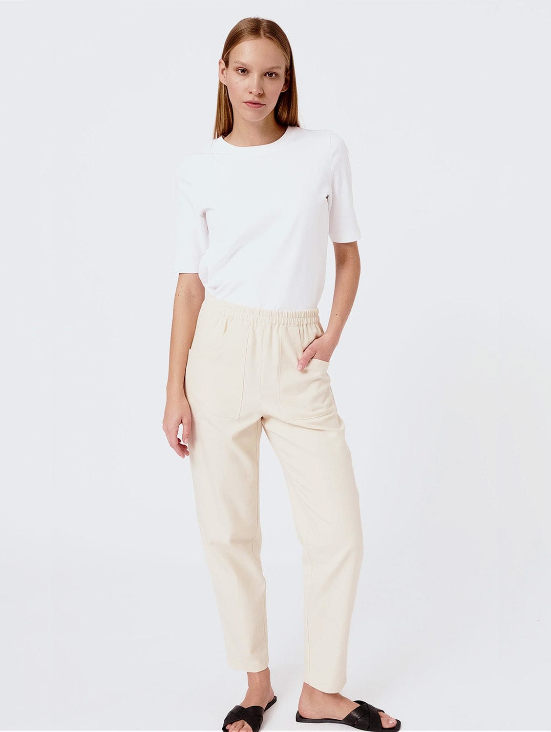 Mila.Vert Front Detail Organic Cotton Long Trousers | Cream
